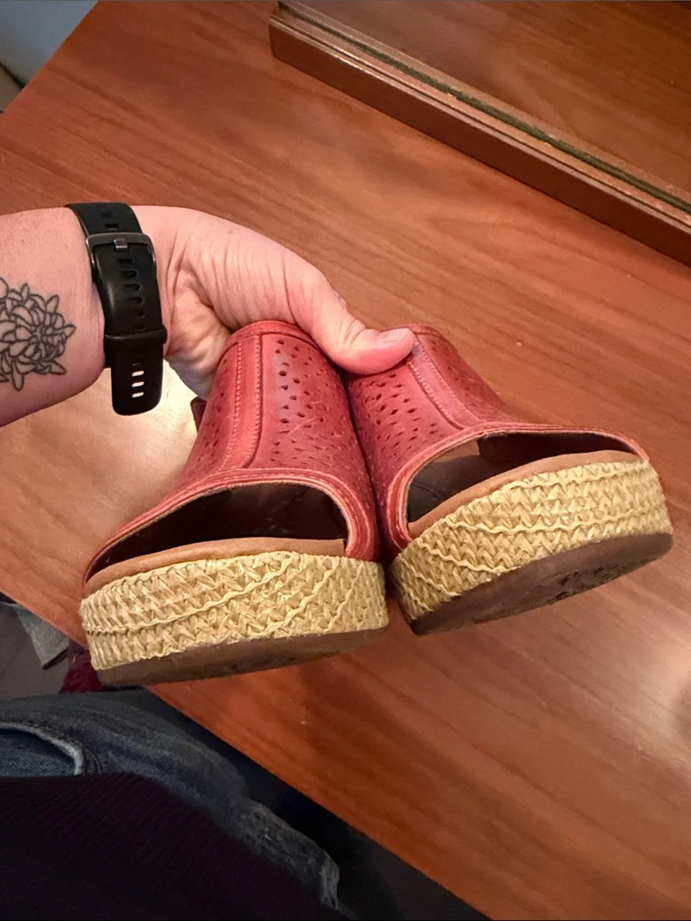 Cobb Hill Rust Red Perforated Leather Slingback Wedge Sandals